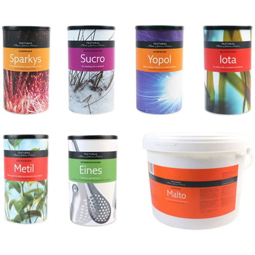 TEXTURAS Сырье для молекулярной кухни. Съедобные морские водоросли, порошок кальция и кальция. Каррагинан. Эмульгатор ксантановой камеди. Пузырьковый лецитин. Пищевой материал. Загущающая формула эмульгирования.