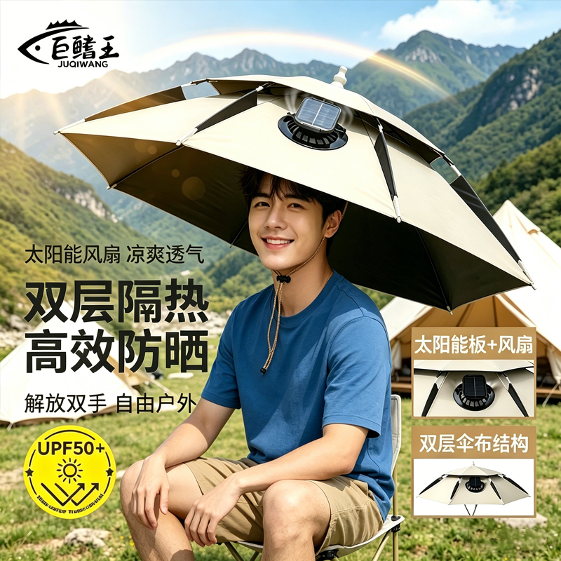 Head-Mounted Umbrella with Solar Fan, Fishing Umbrella Hat, Foldable Head Umbrella, Double-Layer Sunshade, Sun Protection Hat Umbrella