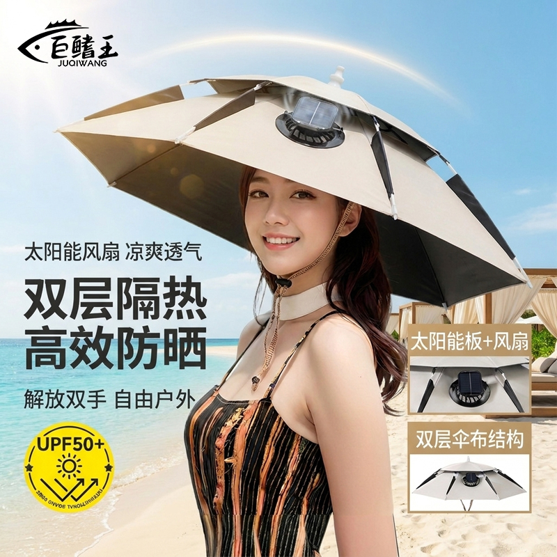 Double-Layer Sunshade and Sun Protection Solar Fan Fishing Umbrella Hat, Head-Mounted Umbrella, Foldable Head Umbrella Hat