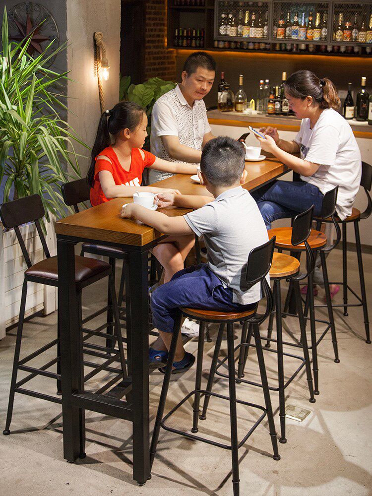 Wrought iron bar table American solid wood long table milk tea shop bar table coffee shop table and chairs home living room
