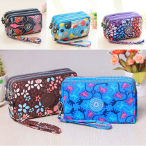 Horizontal youth three zipper coin purse Mobile phone bag washed cloth hand-held bag key bag portable female long wallet