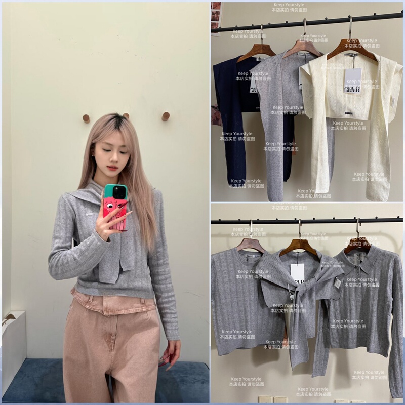 In Stock! 26 Spring Korean Gro*E Age-Reducing Miu Style Polo Collar Knit Sweater + Knitted Short-Sleeve Shawl Layered Look