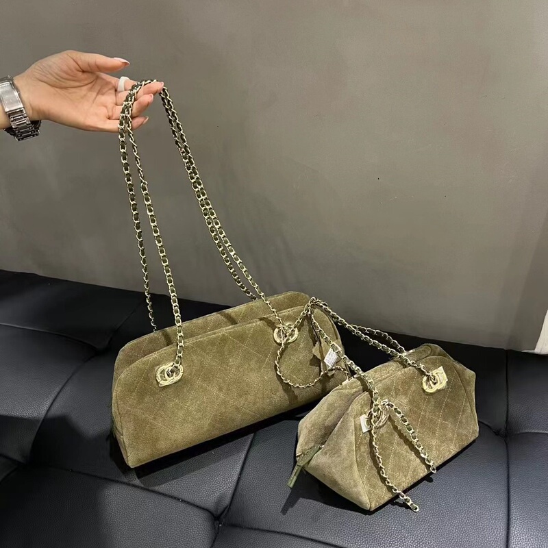 Tweed Style Genuine Leather Women's Bag Autumn and Winter New Style Frosted Cowhide Chain Bag Niche Design Suede Quilted Pattern Shoulder Bag