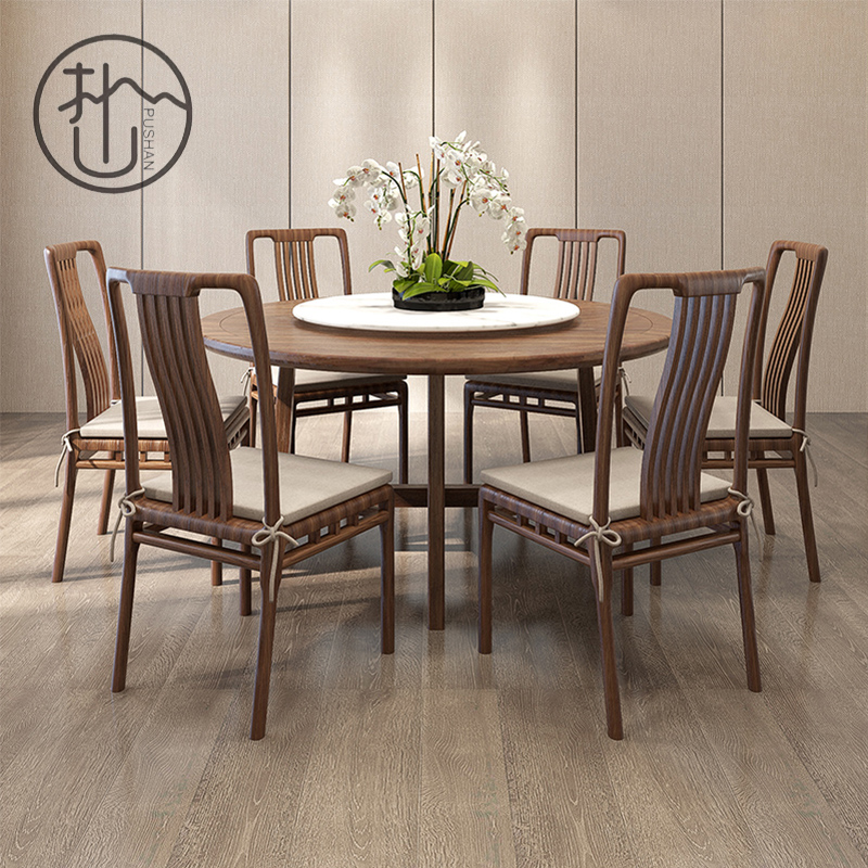 Brief new Chinese solid wood marble turntable dining table and chairs Zen Zen Luxury Hotel Round Modern Decent Board House Furniture
