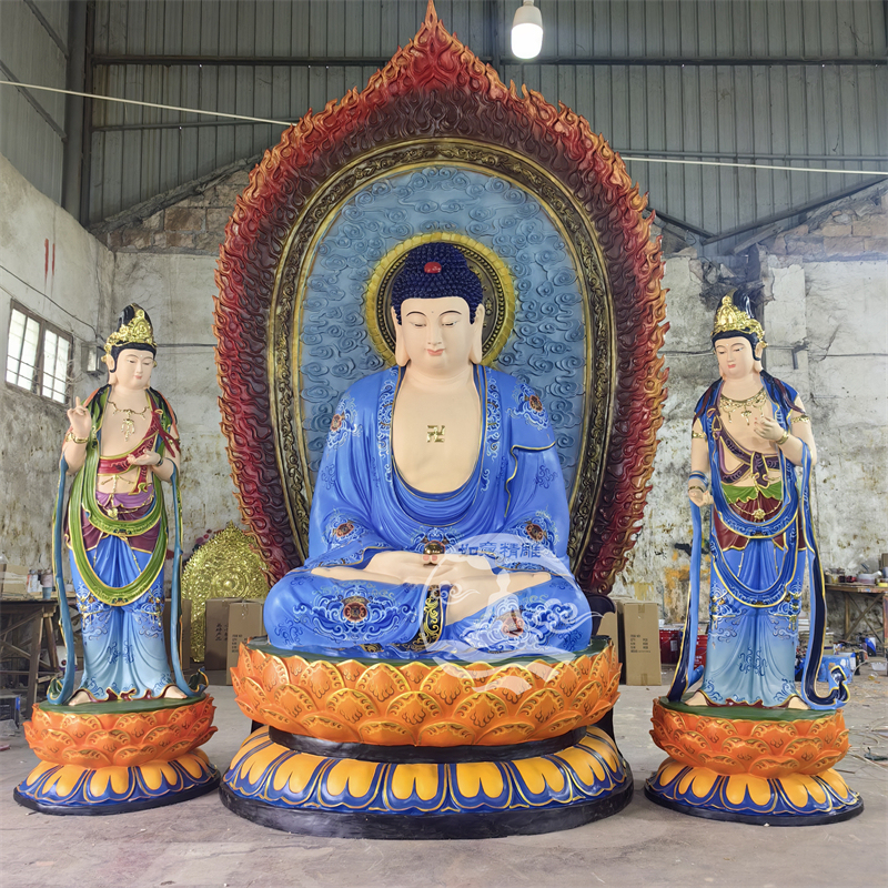 Oriental Three Holy Statues Sunlight Moonlight Bodhisattva Medicine Buddha Resin Fiberglass Temple Worship Wood Carving Cast Copper Ornaments