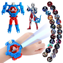 Childrens projection watch toy cartoon deformation robot luminous toy steel Spider-man Ultraman electronic watch