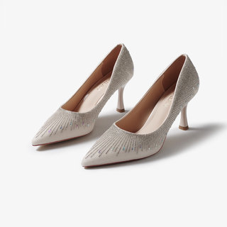 Wedding Shoes, Pointed-Toe Bridal Shoes, Engagement French-Style Comfortable Princess Shoes That Don'T Tire Your Feet, New Elegant Gold High-Heeled Crystal Shoes