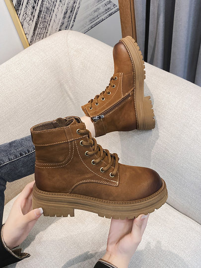 Genuine leather Martin boots women's Maillard short boots velvet thick sole retro round toe thick heel 2025 winter cowhide boots trend