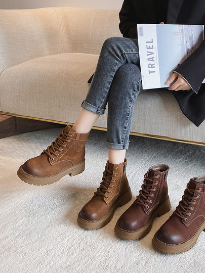 Genuine leather Martin boots women's Maillard short boots velvet thick sole retro round toe thick heel 2025 winter cowhide boots trend