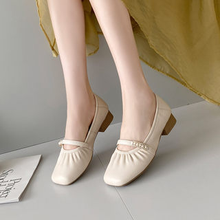 Sheepskin Flats for Women, Low Heel, Soft Leather, Soft Surface, Soft Sole, Genuine Leather, Shallow Mouth, Mary Jane Style, Comfortable, Versatile, Pearl Embellished Small Leather Shoes