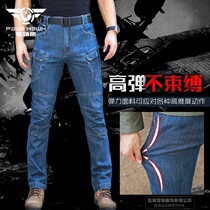 Jeans men slim high elastic Tide brand straight tube tactical training trousers outdoor wear-resistant tooling pants multi-pocket
