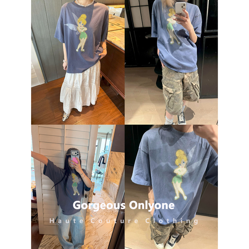 Gorgeous Onlyone~Trendy Hot Girl Jennie's Same Style Elf Print Distressed Gradient Short-Sleeved T-Shirt