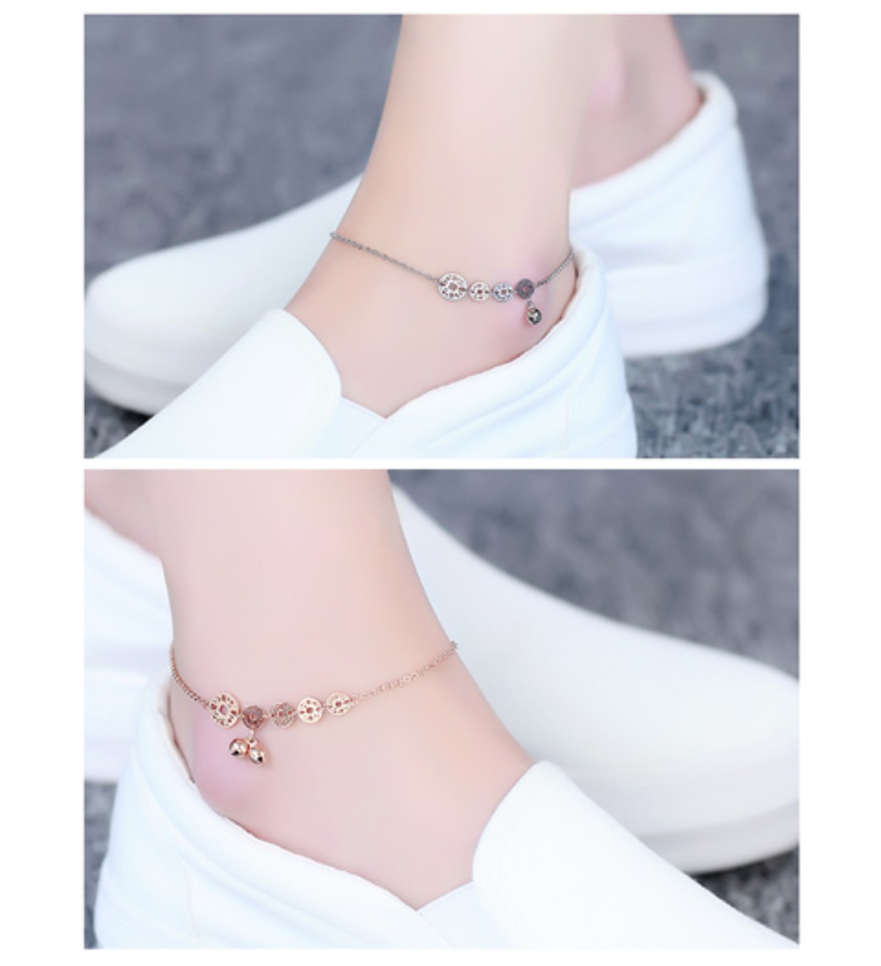 Vòng chân vàng hồng mới 18k nữ phiên bản Hàn Quốc của khí chất năm đồng tiền chuông màu vàng chuỗi chân quà tặng không gây dị ứng lắc chân nữ