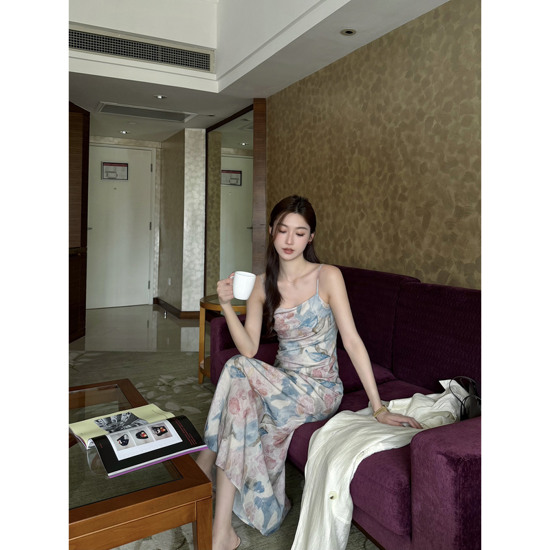 Ruan Xiaomi Smileme【Romantic Flower Language】Strappy Dress for Women 2026 Summer Printed Mid-Length Dress