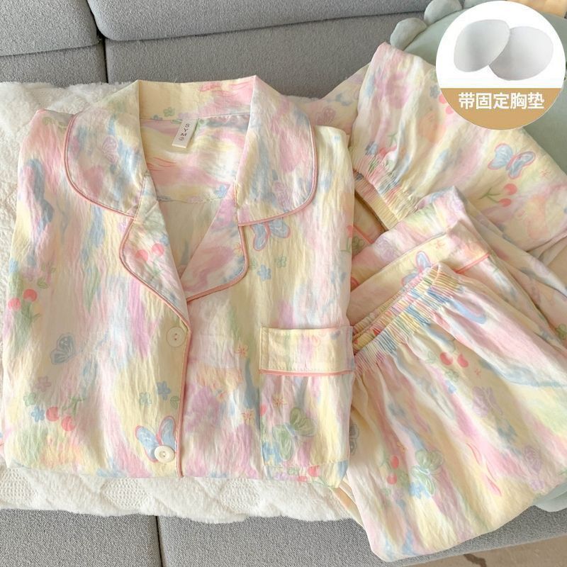 Spring, Summer and Autumn New Style Cloud Cotton Pajamas with Breast Pads for Women, Short-Sleeved, Thin, Loose and Soft Home Clothes Three-Piece Set