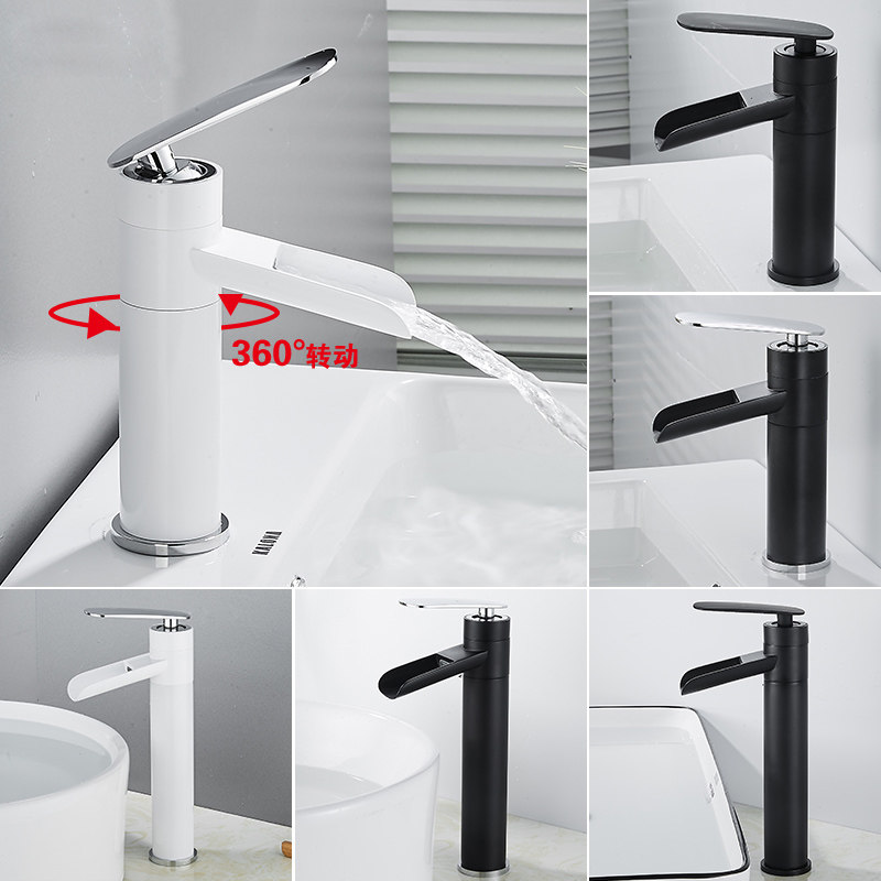 Nordic style brief black and white gold tap hot and cold full copper bath cabinet table basin personality turning waterfall tap