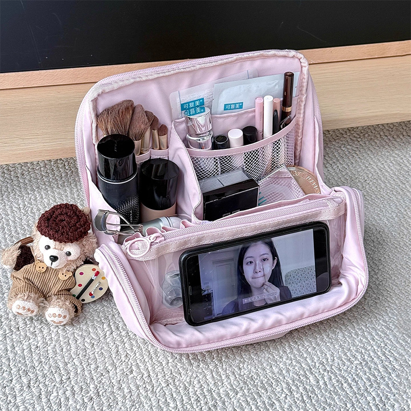 Pink Vertical Striped Cosmetic Bag, Large Capacity, Women's 2025 New Model, Portable Makeup Organizer with Compartments, Toiletry Bag