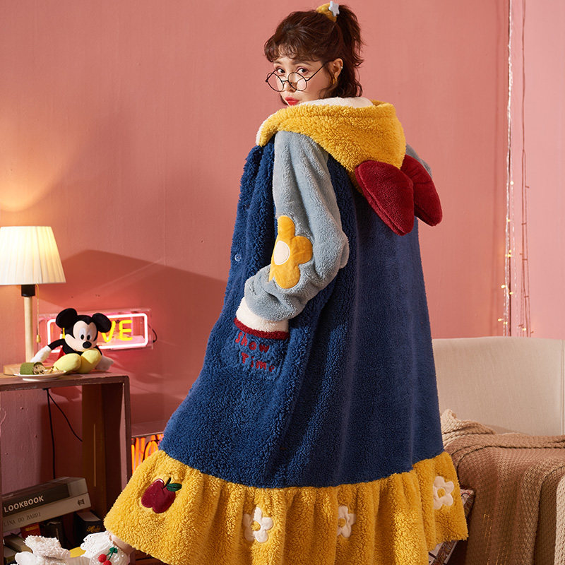 Hooded buttoned nightgown women's autumn winter long version thick flannel coral fleece pajamas winter bathrobe cute nightgown