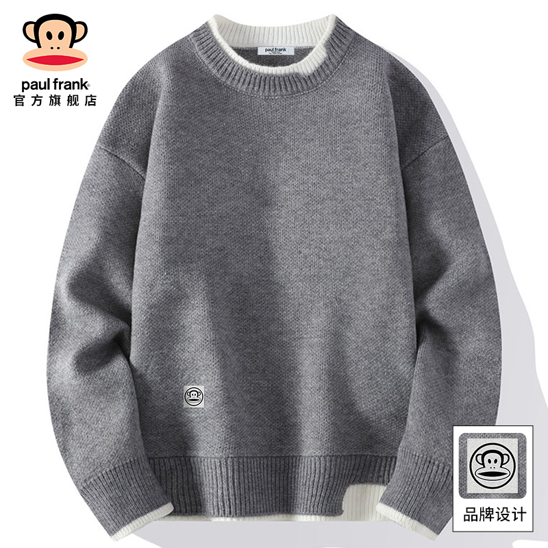 Paulfrank/Fleece-Lined Faux Two-Piece Sweater for Men, Autumn and Winter, High-End Lazy Style Knitwear for Men