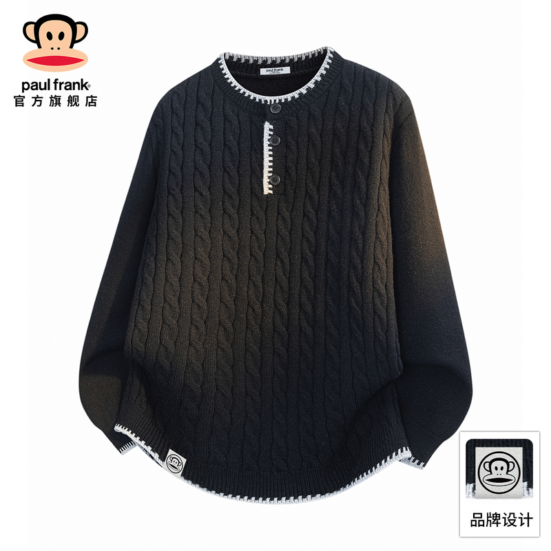 Paulfrank/Monkey Henry Collar Knitted Sweater Men's Autumn Loose Contrast Color Design Casual Sweater Paulfrank/Monkey Henry Collar Knitted Sweater Men's Autumn Loose Contrast Color Design Casual Sweater