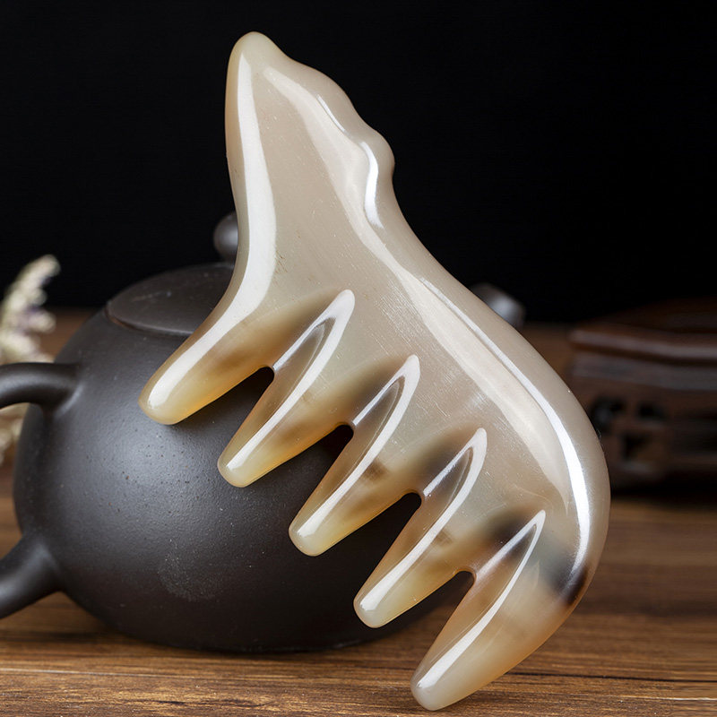 Natural White Buffalo Horn Polar Bear Five Teeth Meridians Comb Scraping Plate Dial Gluten