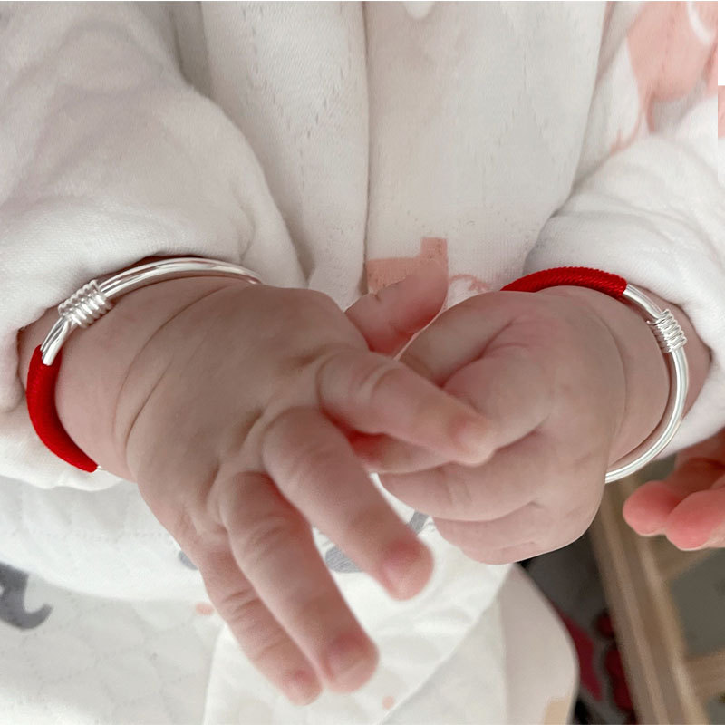 Sterling Silver S999 Baby Full Moon Bracelet Ancient Push-Pull Adjustable Pure Silver Newborn Baby 100Th Birthday Gift