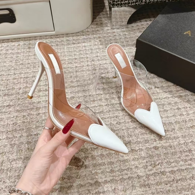 High-End French-Style Genuine Leather Closed-Toe Slippers for Women, High Heels, Stiletto Heels, New Summer Patent Leather Banquet Transparent Heart-Shaped High Heels