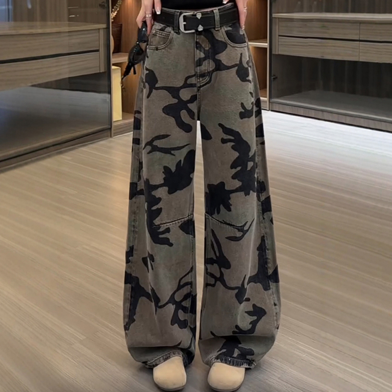 Camouflage Laser Paratrooper Straight-Leg Jeans for Women, Trendy ins Three-Dimensional Cut, Stylish High-Waisted Loose Wide-Leg Pants