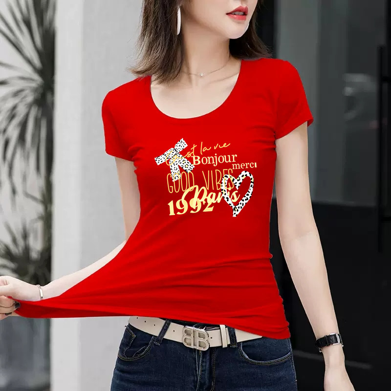 European Station 2026 Summer New Slim-Fit Short-Sleeve T-Shirt for Women, Red Pure Cotton, Simple, Slimming, Versatile Top
