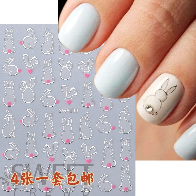 New Nail Art Stickers with Gold and Silver Foil, Easter Cartoon Cute Bunny Ears, Self-Adhesive Nail Decals Tools