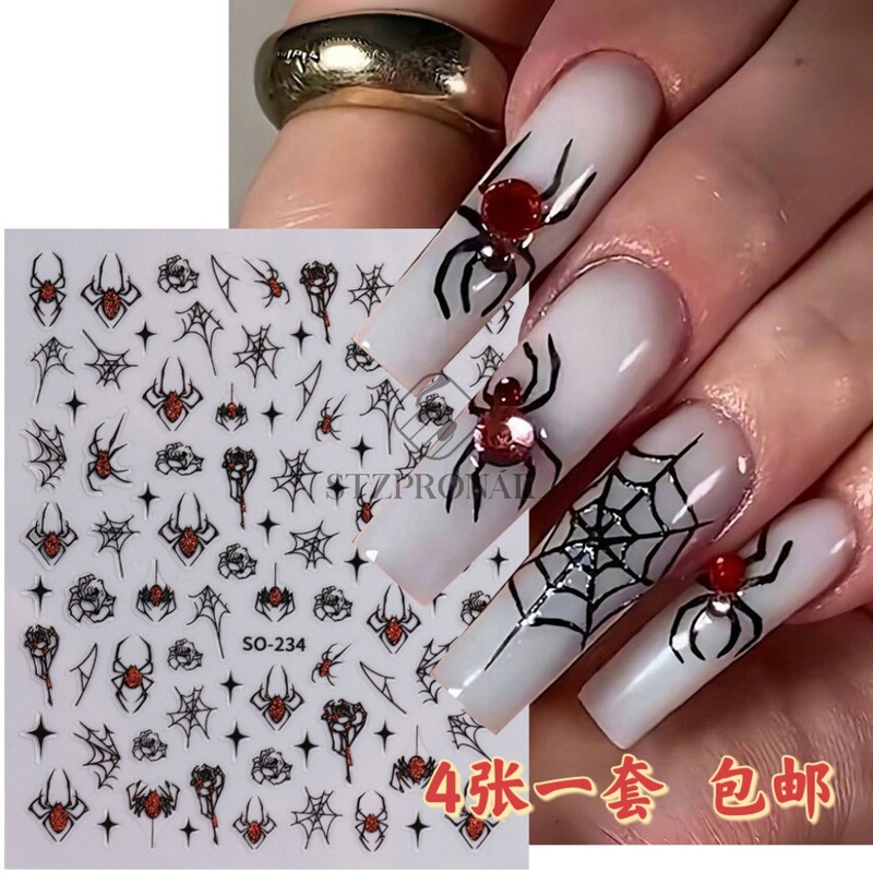 2024 New Halloween Nail Art Stickers Spider Web Hot Style Black Silver Funny Spider Rose 3D Nail Stickers