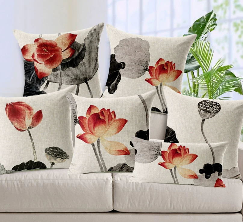 Trung Quốc phong cách retro Trung Quốc phong cách gỗ gụ vuông sofa cotton và lanh gối mực sơn sen đệm xe eo gối gối - Trở lại đệm / Bolsters