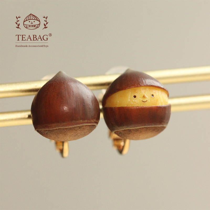 Teabag'Little Chestnut' Cute Gift for Girls' Birthday or Mother's Day | Earrings/Ear Clips for Non-Pierced Ears | Original Design