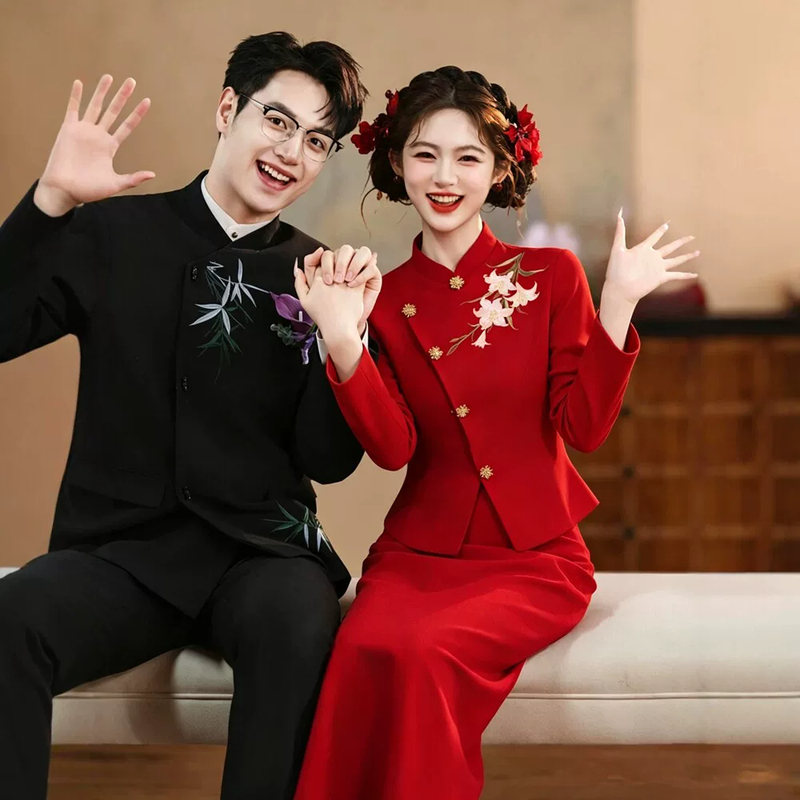 Red Toast Dress, Bride's Cheongsam, New Chinese-Style Engagement Dress, Dress That Can Be Worn Daily, Long-Sleeved Women's Stunning Suit
