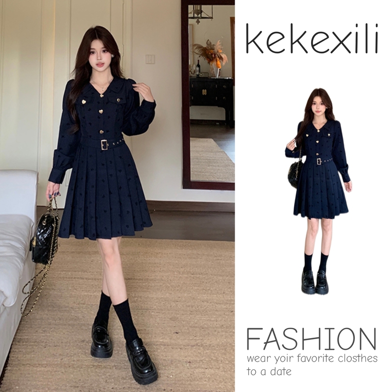 Academy-Style Dark Jacquard Waist-Cinching Dress for Women, 2026 Autumn Plus-Size Slimming Dress for Curvy Women, Navy Blue Dress Academy-Style Dark Jacquard Waist-Cinching Dress for Women, 2026 Autumn Plus-Size Slimming Dress for Curvy Women, Navy Blue Dress