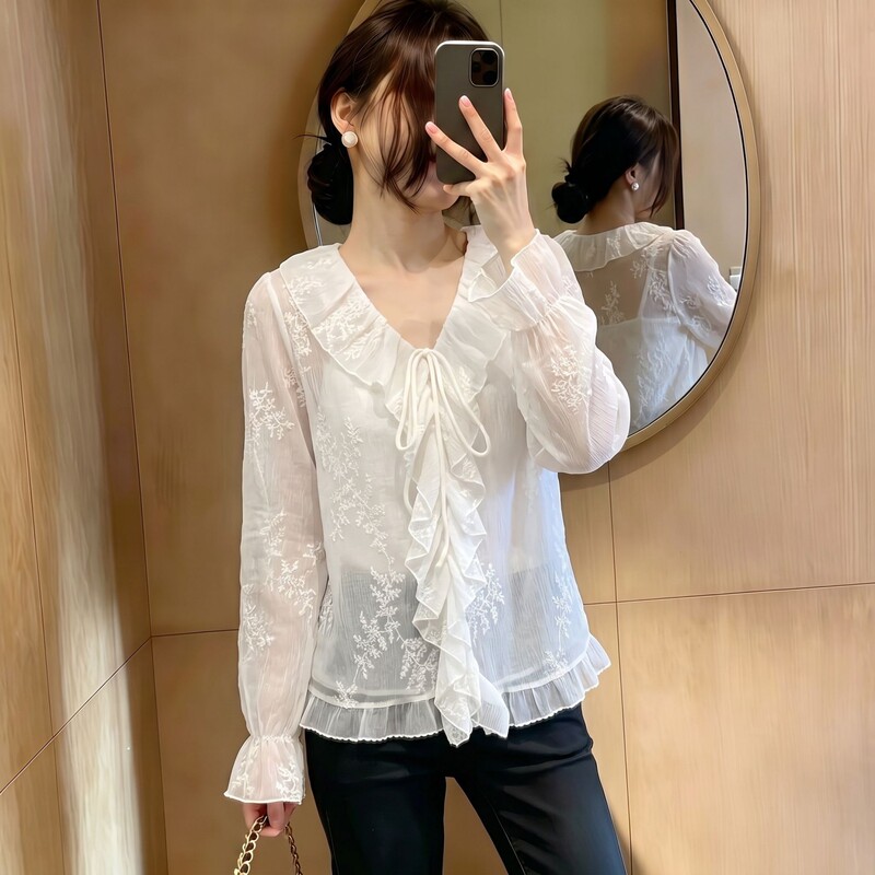 White Embroidered Ruffled V-Neck Long-Sleeve Shirt for Women, New Autumn Style, Plus-Size, Lightweight, Tummy-Concealing, Fairy-Like Blouse White Embroidered Ruffled V-Neck Long-Sleeve Shirt for Women, New Autumn Style, Plus-Size, Lightweight, Tummy-Concealing, Fairy-Like Blouse