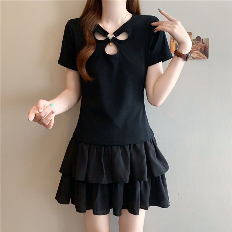 Pure Desire Style Black Hollow Out Top and Cake Skirt Two-Piece Set for Women, Summer Plus Size, Slimming and Youthful Fashion Outfit