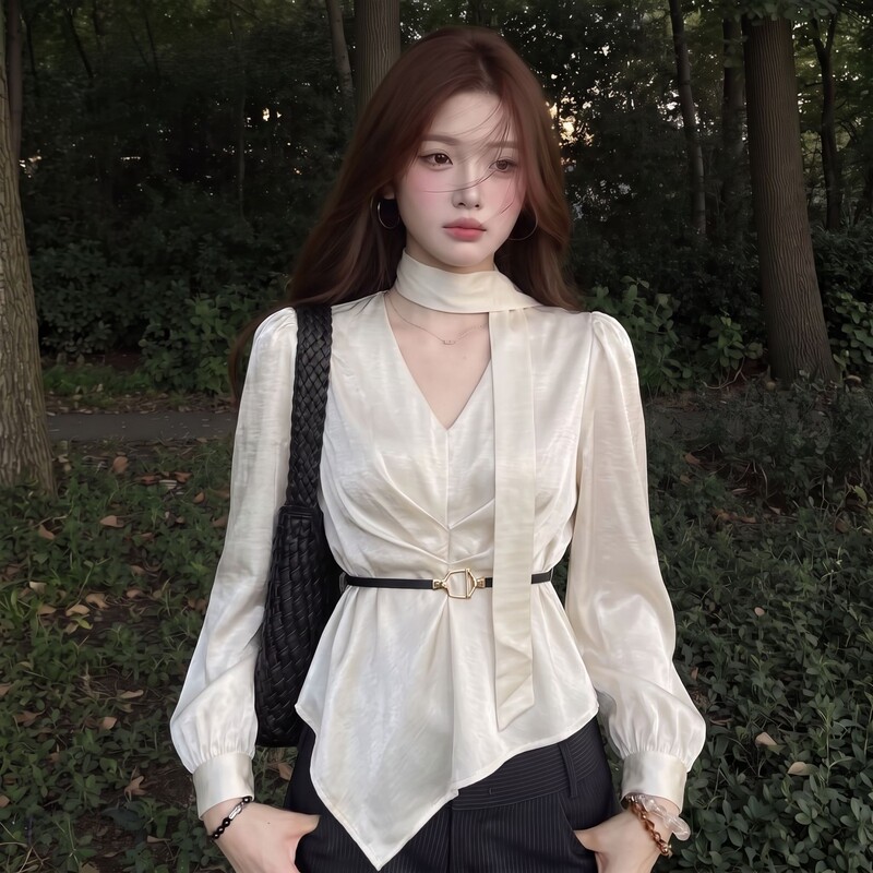 French-Style Mature V-Neck Satin Ribbon Blouse for Women, Autumn Plus Size, Slightly Chubby, Waist-Cinching, Irregular Apricot Top French-Style Mature V-Neck Satin Ribbon Blouse for Women, Autumn Plus Size, Slightly Chubby, Waist-Cinching, Irregular Apricot Top