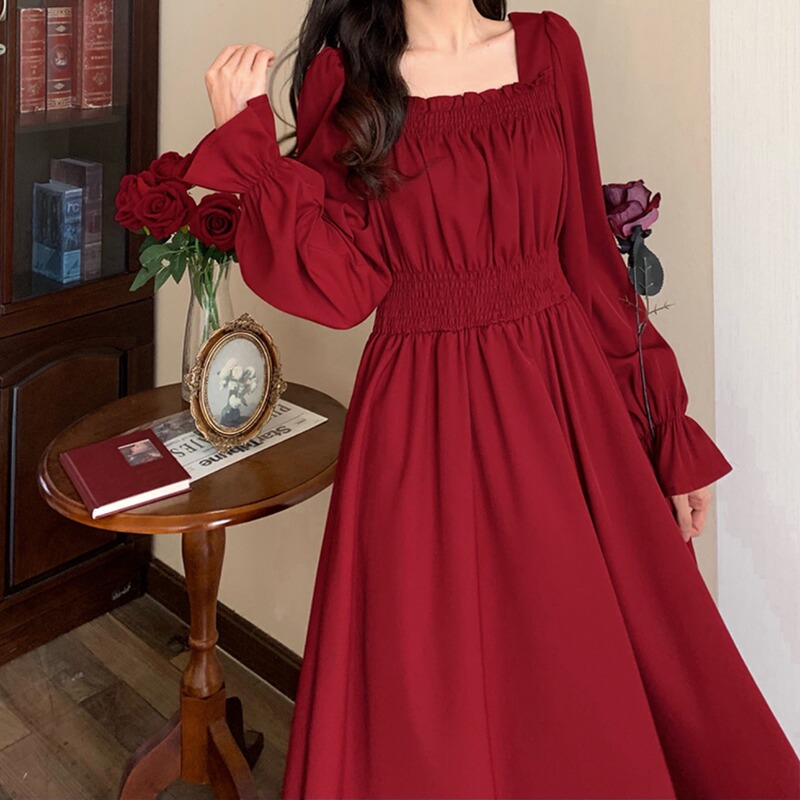 French Retro Square-Neck Puff-Sleeve Waist-Cinching Slimming Elegant Long Dress for Spring and Autumn, Plus-Size Red Over-The-Knee Dress for Chubby Women French Retro Square-Neck Puff-Sleeve Waist-Cinching Slimming Elegant Long Dress for Spring and Autumn, Plus-Size Red Over-The-Knee Dress for Chubby Women