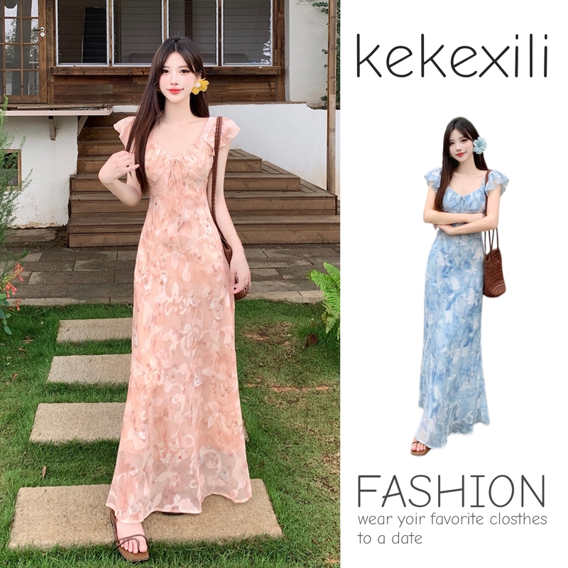 Plus-Size Vacation Style Lace-Up V-Neck Pink Floral Long Dress for Women, New Summer Style, Super Pretty Tie-Dye Dress for Chubby Girls