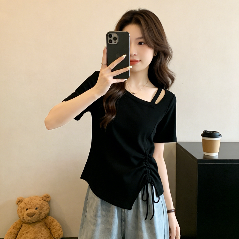 Plus-Size High-End Irregular Drawstring Short-Sleeve Top for Women, Summer 2026, Designed for Chubby Girls, Hollow-Out Slimming Black Top