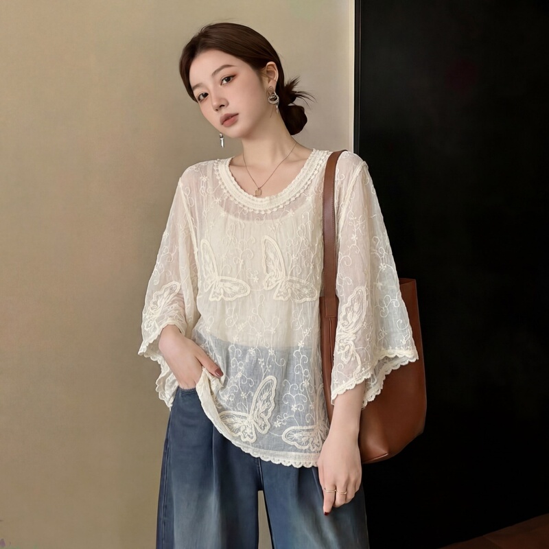 Bohemian Style Butterfly Embroidered Lace Shirt for Women in Summer Plus Size Fat mm Korean Style High-End Round Neck Slim Fit Top
