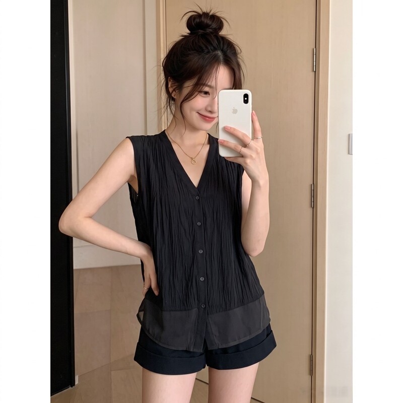 Plus-Size Pleated Mesh Sleeveless Vest for Women, 2026 New Summer Style, Thin Layering Top for Chubby Girls, Black Blouse