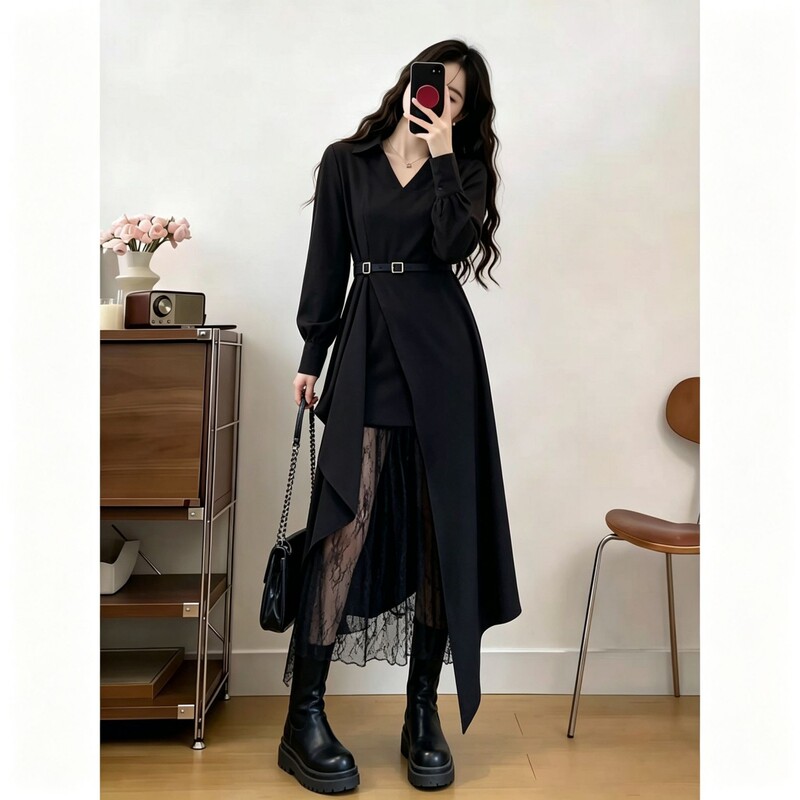 Black V Neck Lace Patchwork Dress for Women 2026 Autum Plus Size Fat mm Waist-Cinching Asymmetrical Long-Sleeved Shirt Dress