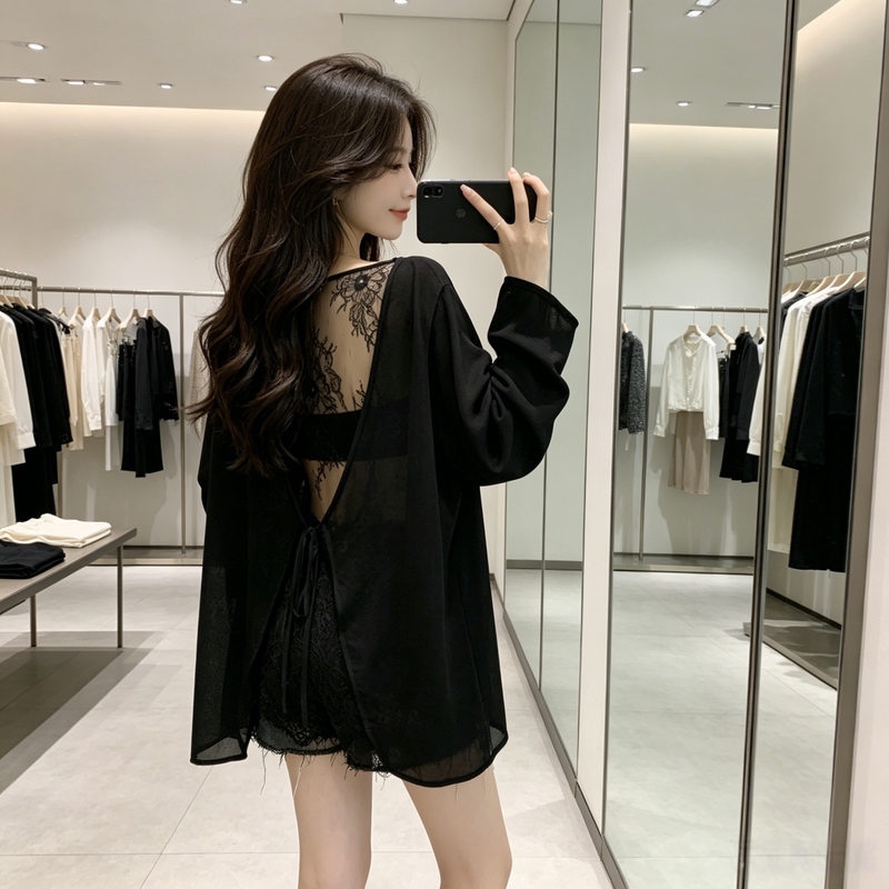Black Backless Lace Spliced Chiffon Shirt for Women 2026 Summer New Style Plus Size Fat mm Slightly See-Through Long-Sleeved Sun Protection Top Black Backless Lace Spliced Chiffon Shirt for Women 2026 Summer New Style Plus Size Fat mm Slightly See-Through Long-Sleeved Sun Protection Top