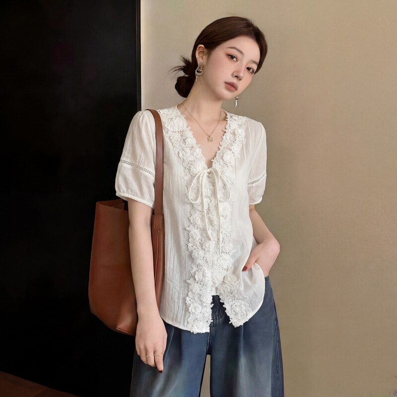 Plus Size Lace Trim Tie V-Neck Blouse for Women, New Summer Style, Unique, Age-Reducing, Elegant and Beautiful Top Plus Size Lace Trim Tie V-Neck Blouse for Women, New Summer Style, Unique, Age-Reducing, Elegant and Beautiful Top