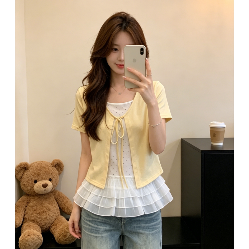 Plus-Size Sweet Polka-Dot Lace-Trimmed Camisole Cardigan Two-Piece Set for Women, Summer, for Chubby Girls, Super Pretty and Gentle Blouse Set