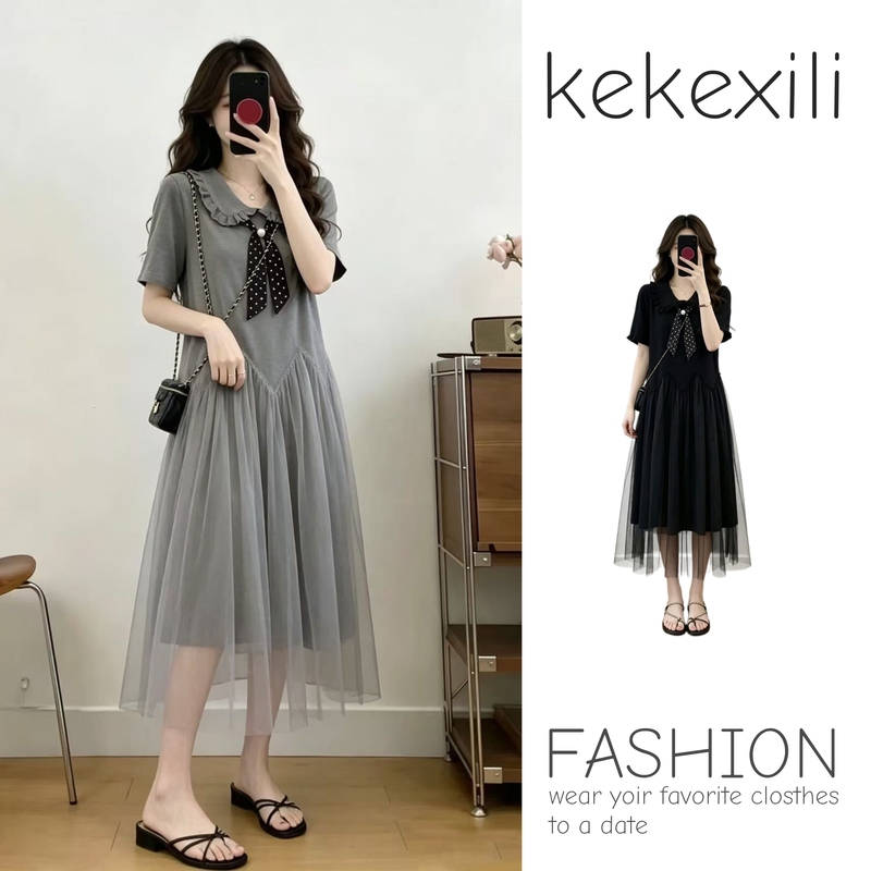 French-Style Sweet Ruffled Mesh Patchwork Dress for Women 2026 New Summer Plus Size Age-Reducing Babydoll Dress