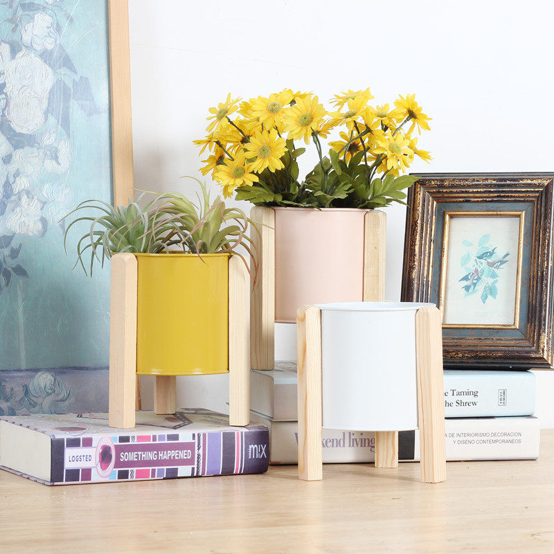 Pastoral wooden frame flowerpot iron flowerpot simple meat plant flowerpot creative round flowerpot tabletop storage ornaments