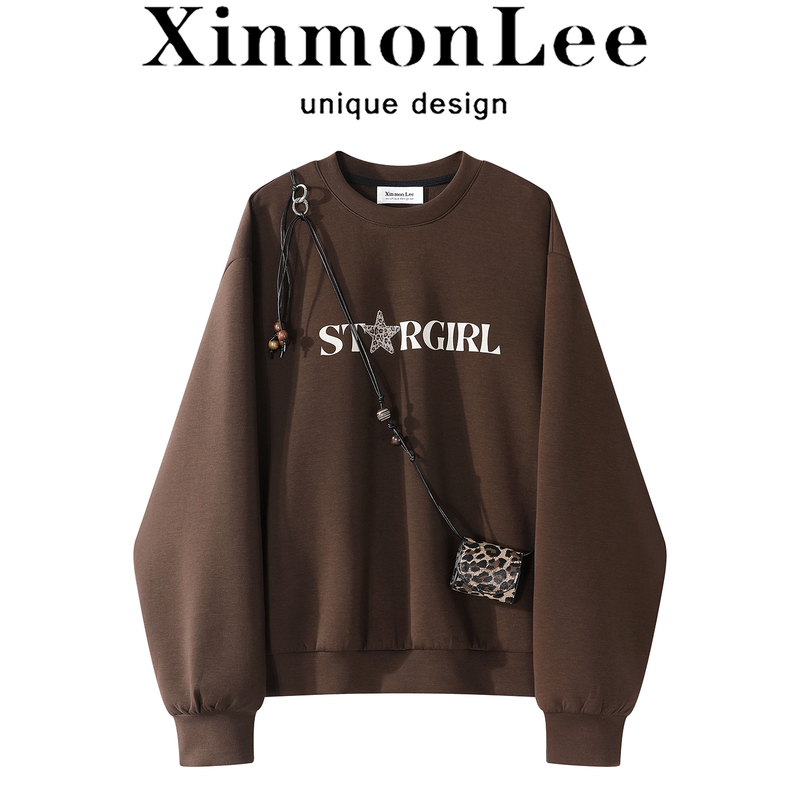 Xinmonlee American Retro Round-Neck Casual Coffee-Colored Sweatshirt, Early Autumn New Style, Age-Reducing Versatile Top
